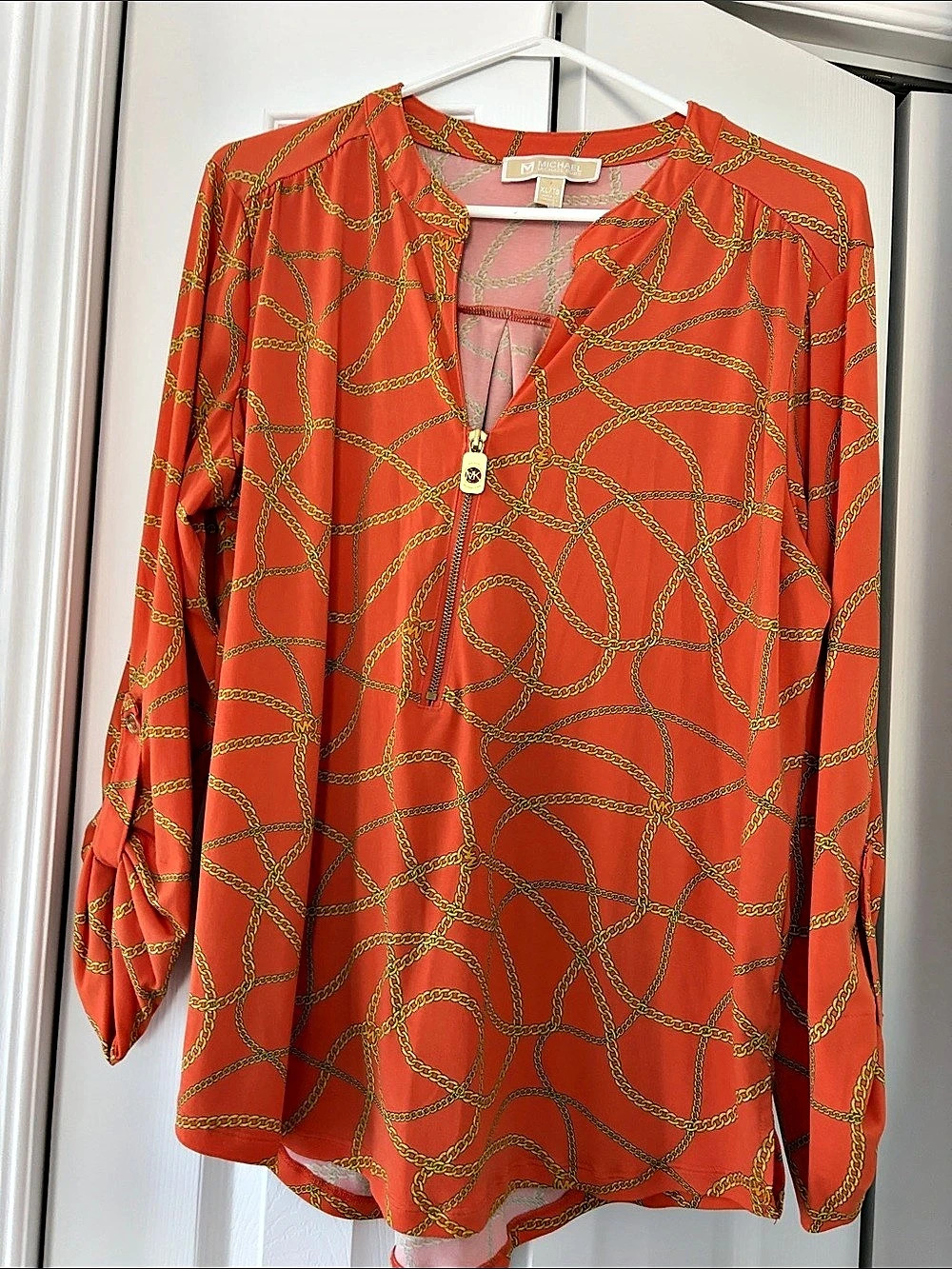 Michael Kors Chain Print Zip Neck Blouse in Orange & Gold XL Like New